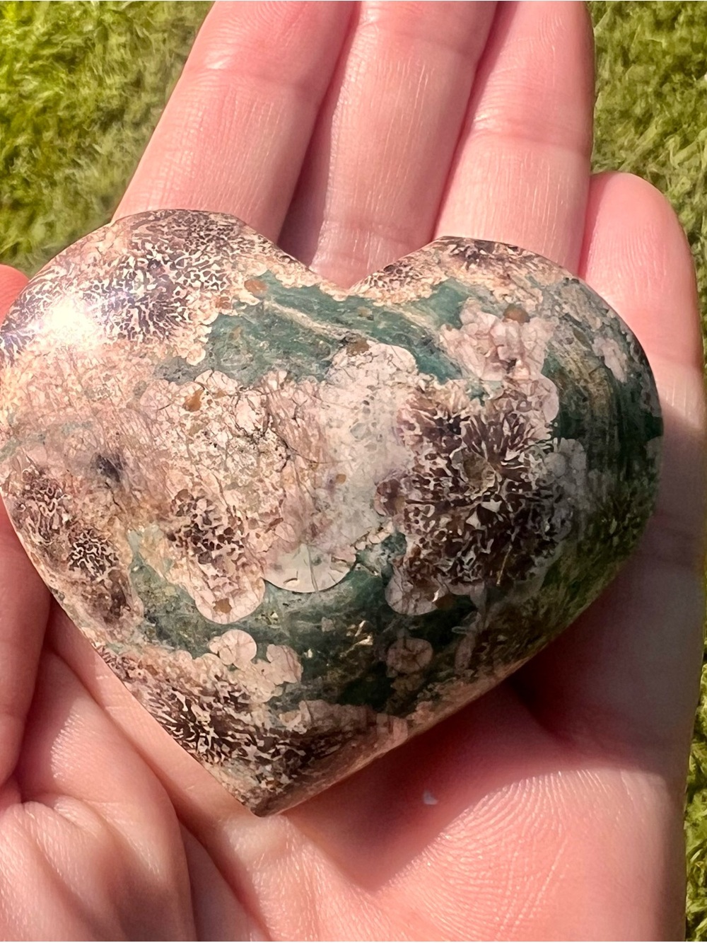 Natural Green Flower Agate Crystal Heart Carving - 86g